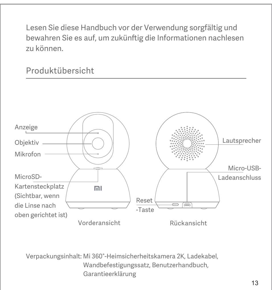 Produktübersicht | Xiaomi Mi 360° User Manual | Page 14 / 169