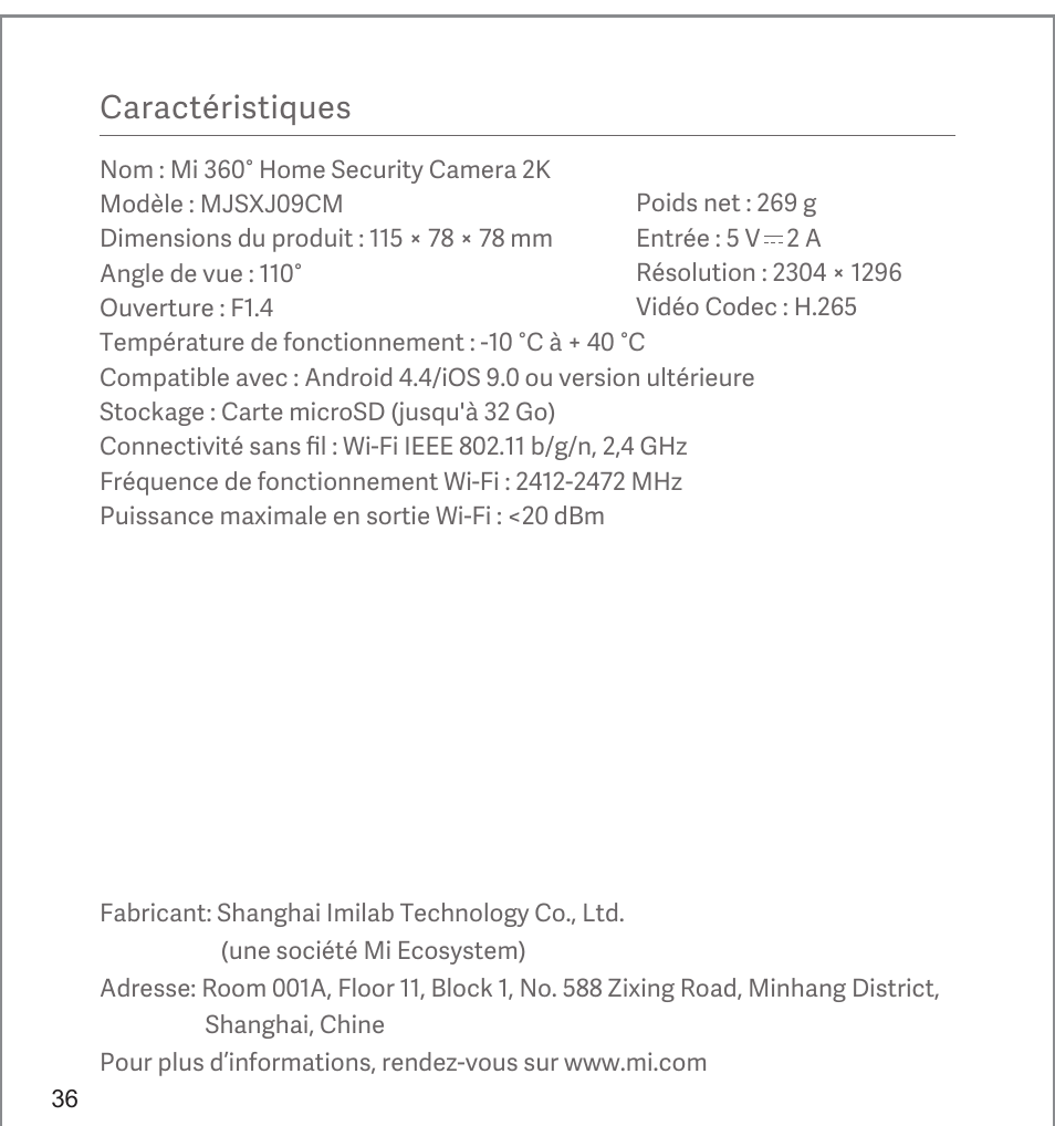 Caractéristiques | Xiaomi Mi 360° User Manual | Page 37 / 169