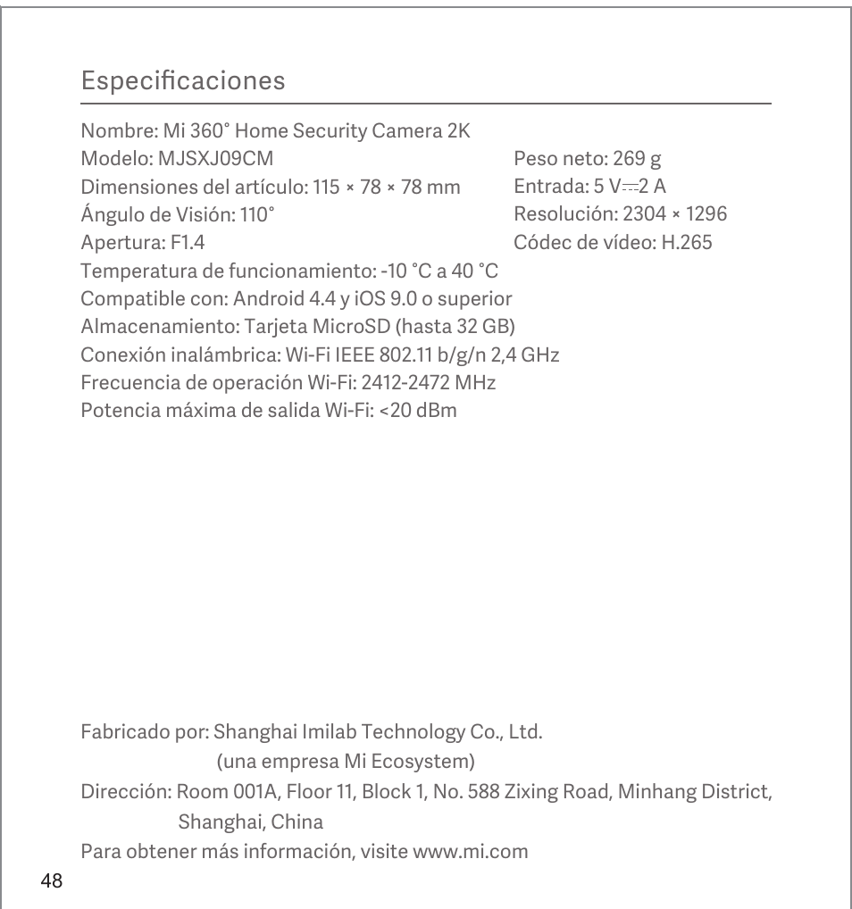 Especificaciones | Xiaomi Mi 360° User Manual | Page 49 / 169