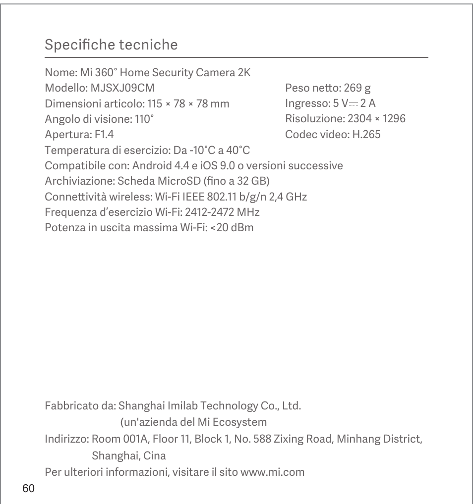 Specifiche tecniche | Xiaomi Mi 360° User Manual | Page 61 / 169