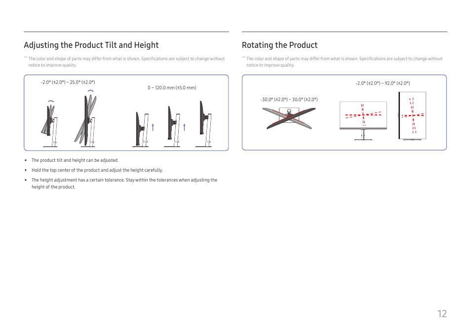 Adjusting the product tilt and height, Rotating the product | Samsung S27A600UUN 27" 16:9 FreeSync QHD HDR IPS Monitor User Manual | Page 12 / 47