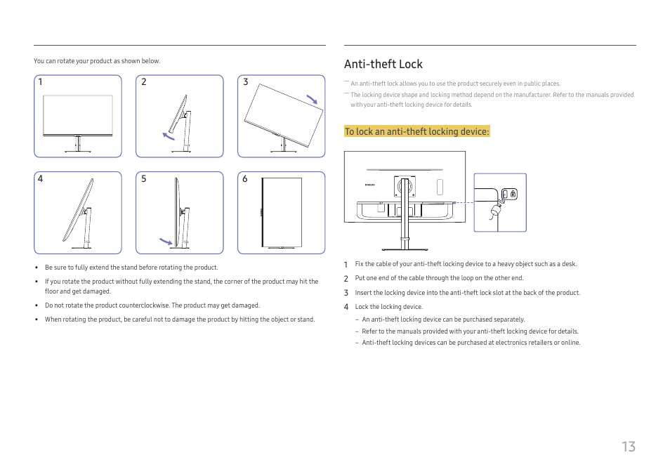 Anti-theft lock | Samsung S27A600UUN 27" 16:9 FreeSync QHD HDR IPS Monitor User Manual | Page 13 / 47