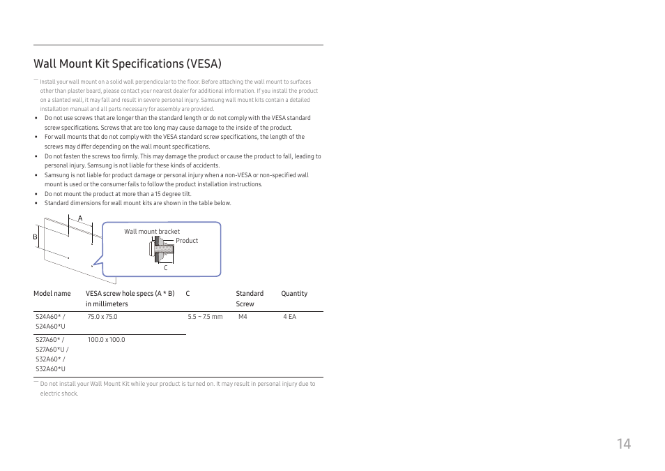 Wall mount kit specifications (vesa) | Samsung S27A600UUN 27" 16:9 FreeSync QHD HDR IPS Monitor User Manual | Page 14 / 47