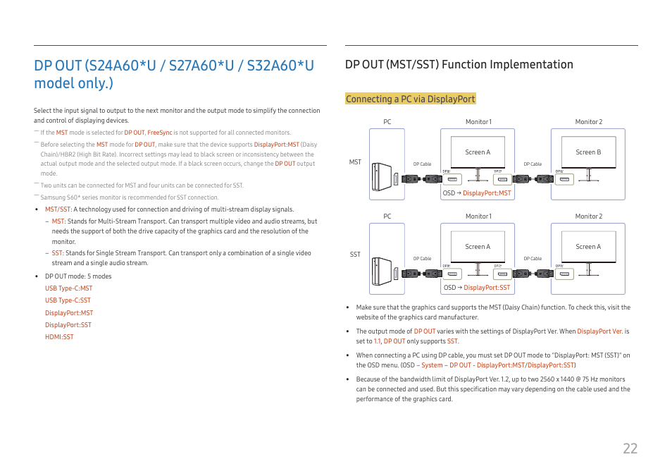 Dp out (mst/sst) function implementation, Dp out (s24a60*u / s27a60*u / s32a60*u, Model only.) | Connecting a pc via displayport | Samsung S27A600UUN 27" 16:9 FreeSync QHD HDR IPS Monitor User Manual | Page 22 / 47