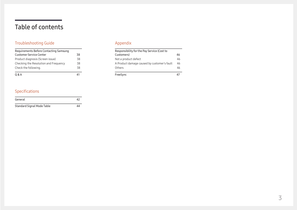 Table of contents 3 | Samsung S27A600UUN 27" 16:9 FreeSync QHD HDR IPS Monitor User Manual | Page 3 / 47