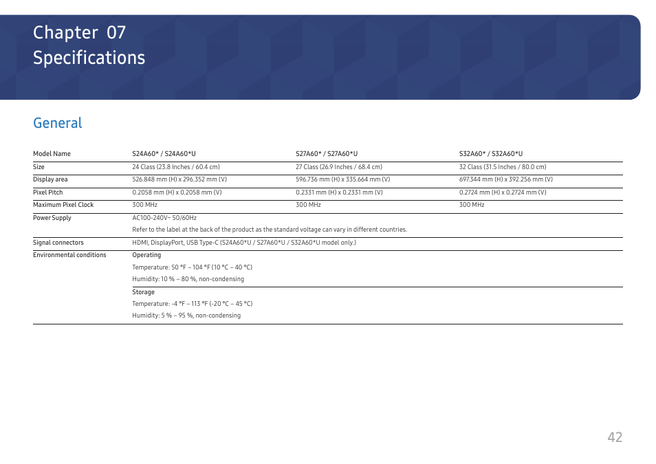 Specifications, General, General 42 | Chapter 07 | Samsung S27A600UUN 27" 16:9 FreeSync QHD HDR IPS Monitor User Manual | Page 42 / 47