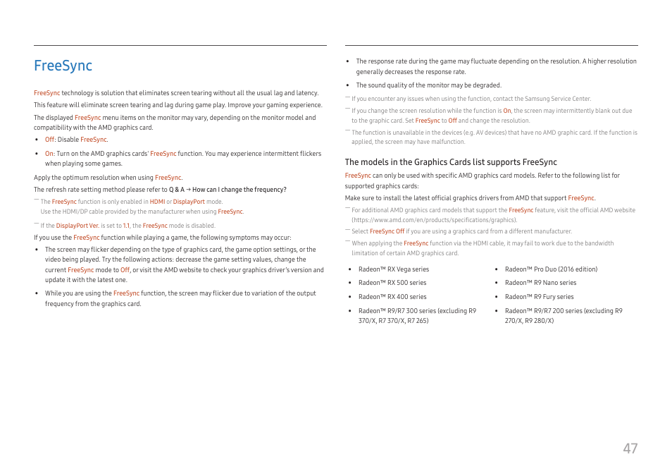 Freesync, Freesync 47, 47 freesync | Samsung S27A600UUN 27" 16:9 FreeSync QHD HDR IPS Monitor User Manual | Page 47 / 47