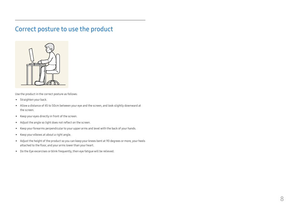 Correct posture to use the product, 8correct posture to use the product | Samsung S27A600UUN 27" 16:9 FreeSync QHD HDR IPS Monitor User Manual | Page 8 / 47