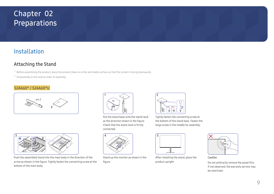 Preparations, Installation, Attaching the stand | Installation 9, Chapter 02 | Samsung S27A600UUN 27" 16:9 FreeSync QHD HDR IPS Monitor User Manual | Page 9 / 47