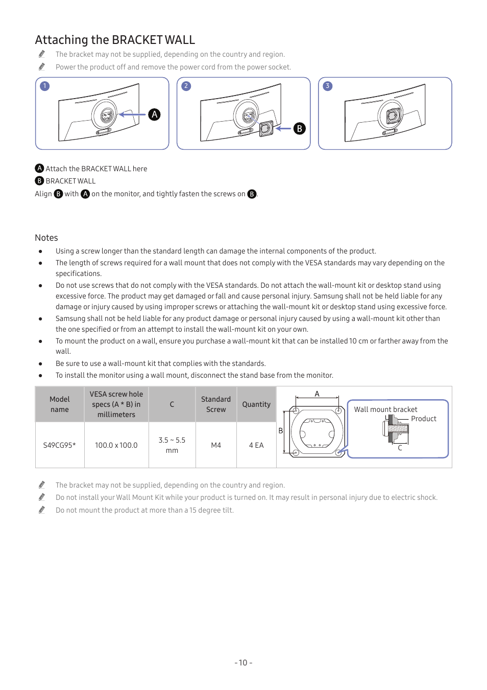 Attaching the bracket wall, 10 attaching the bracket wall | Samsung Odyssey OLED G9 49" 1440p HDR 240 Hz Curved Ultrawide Gaming Monitor (Silver) User Manual | Page 10 / 24