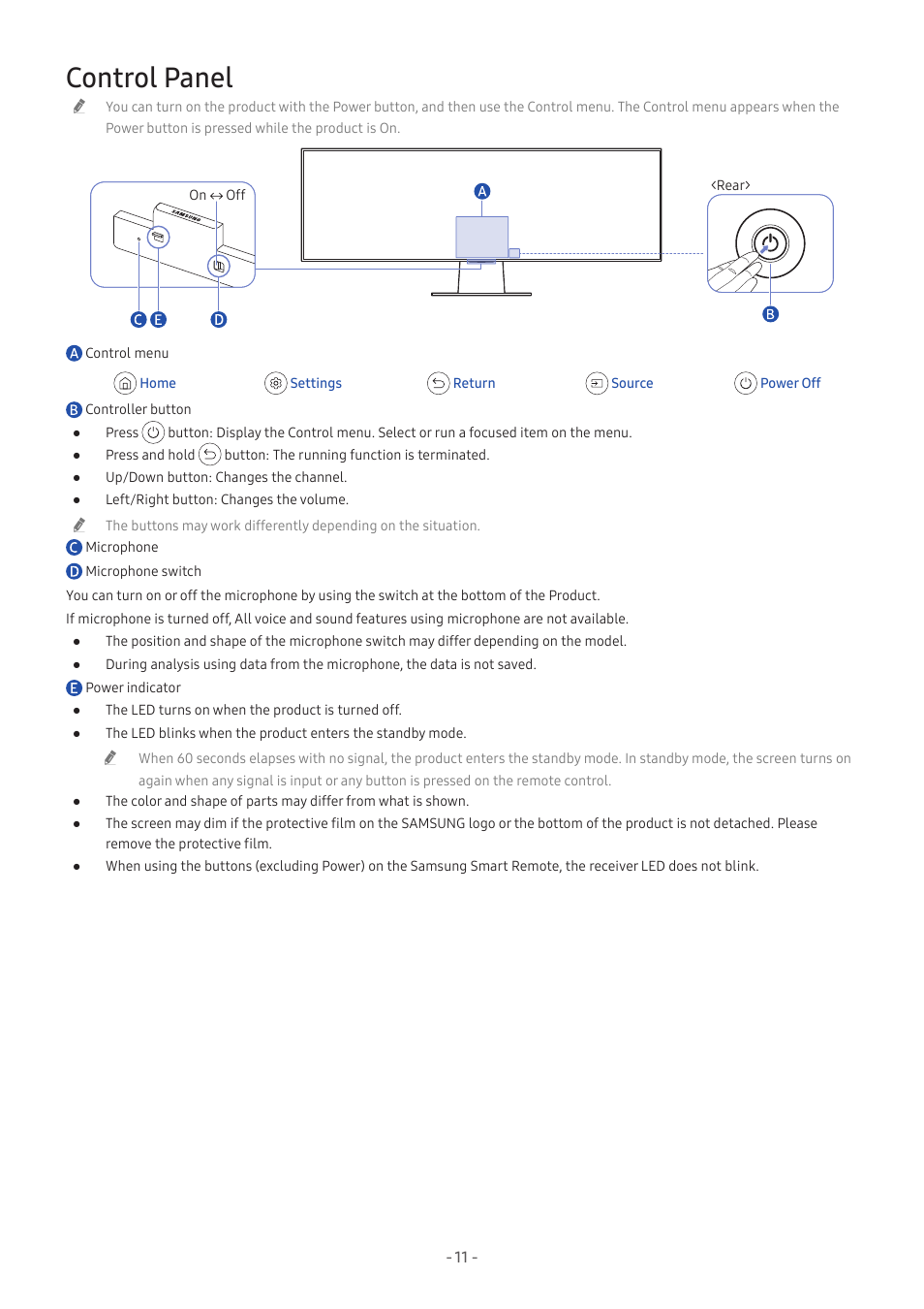 Control panel | Samsung Odyssey OLED G9 49" 1440p HDR 240 Hz Curved Ultrawide Gaming Monitor (Silver) User Manual | Page 11 / 24