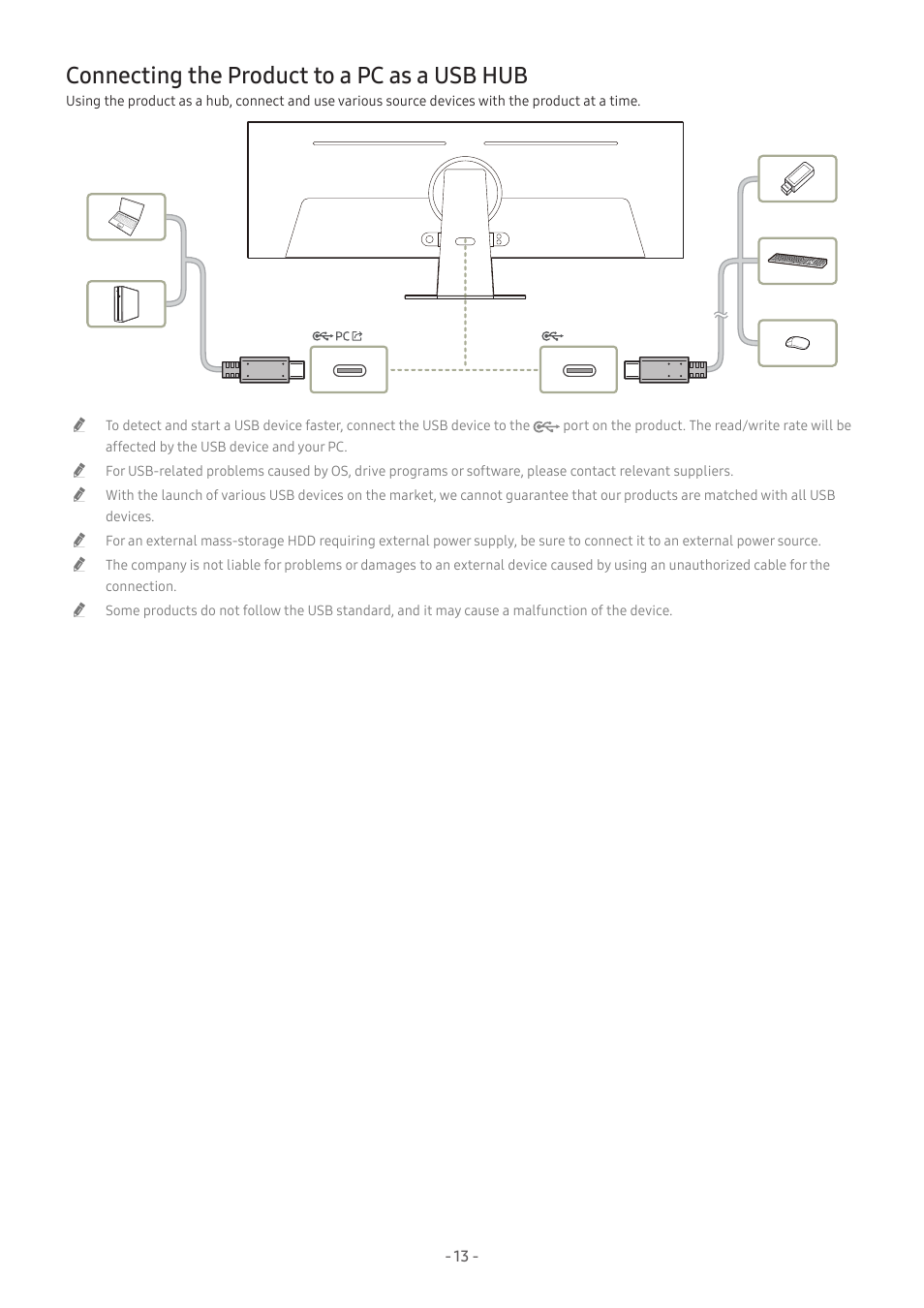 Connecting the product to a pc as a usb hub, 13 connecting the product to a pc as a usb hub | Samsung Odyssey OLED G9 49" 1440p HDR 240 Hz Curved Ultrawide Gaming Monitor (Silver) User Manual | Page 13 / 24