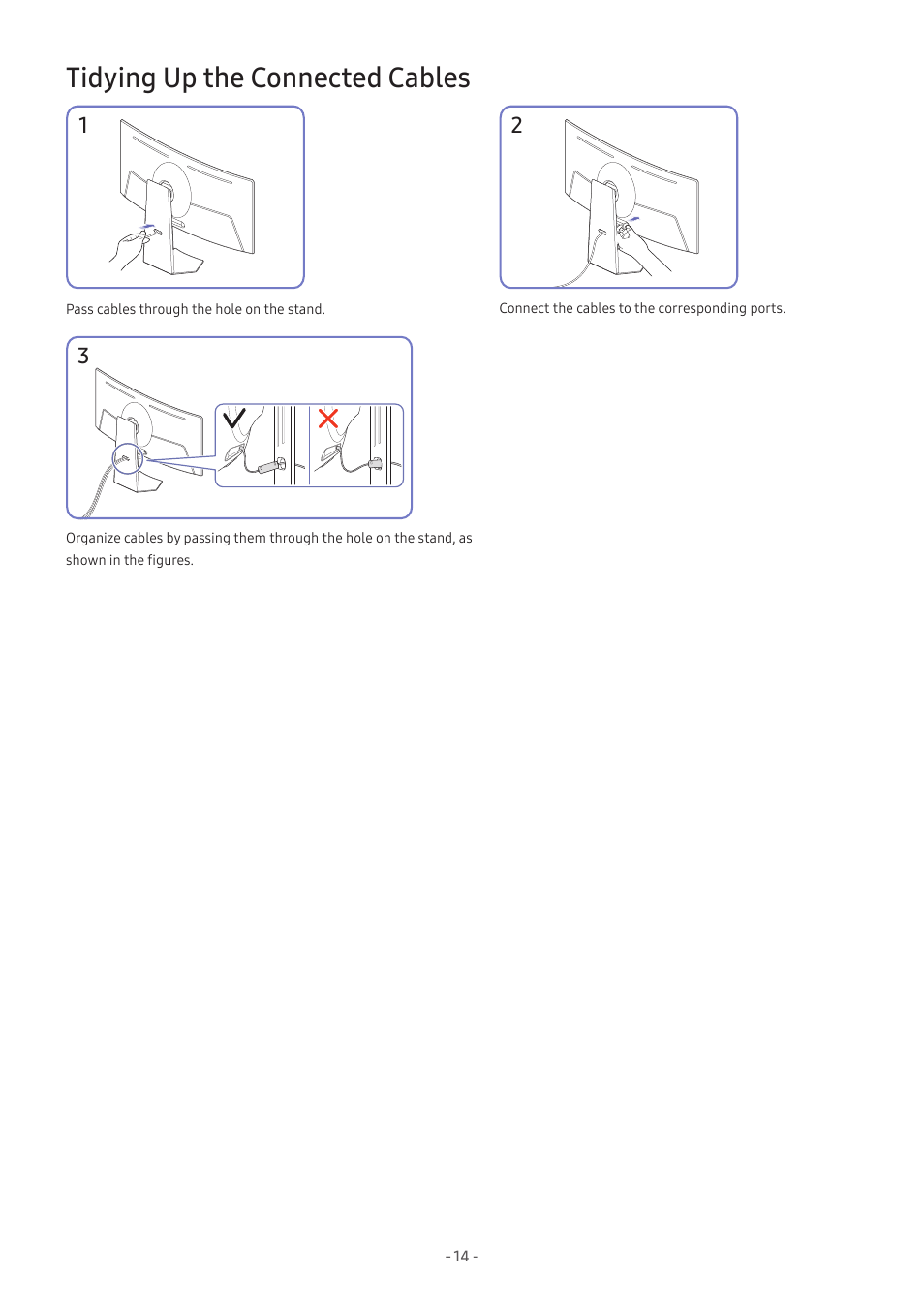 Tidying up the connected cables | Samsung Odyssey OLED G9 49" 1440p HDR 240 Hz Curved Ultrawide Gaming Monitor (Silver) User Manual | Page 14 / 24