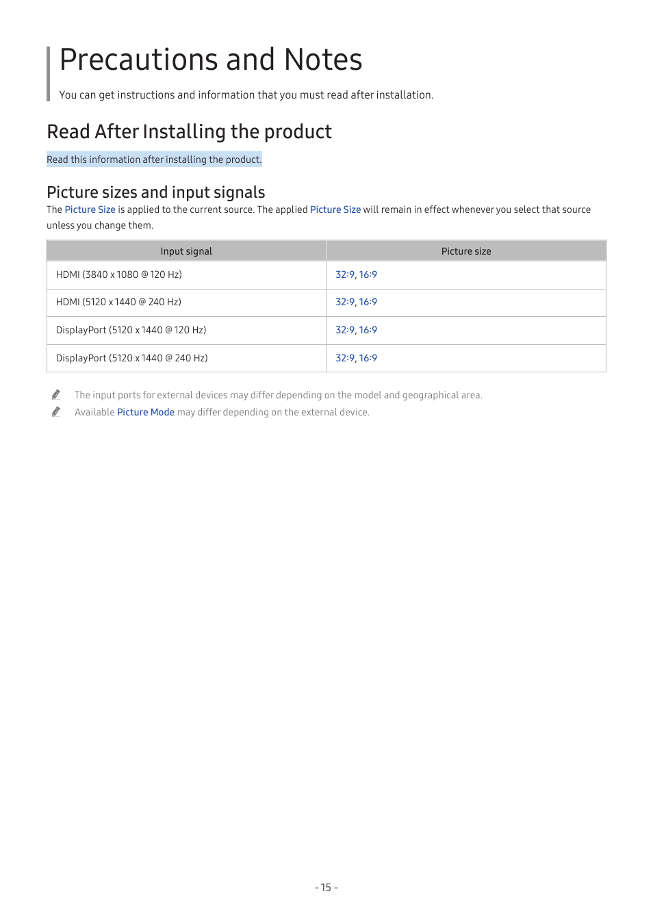 Precautions and notes, Read after installing the product, Picture sizes and input signals | 15 picture sizes and input signals | Samsung Odyssey OLED G9 49" 1440p HDR 240 Hz Curved Ultrawide Gaming Monitor (Silver) User Manual | Page 15 / 24