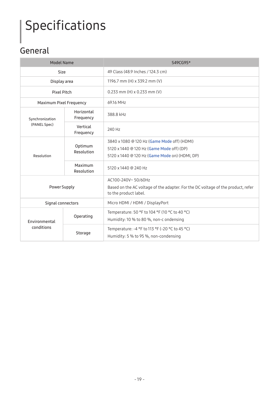 Specifications, General | Samsung Odyssey OLED G9 49" 1440p HDR 240 Hz Curved Ultrawide Gaming Monitor (Silver) User Manual | Page 19 / 24