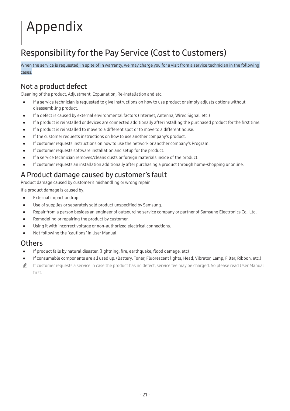 Appendix, Not a product defect, A product damage caused by customer’s fault | Others | Samsung Odyssey OLED G9 49" 1440p HDR 240 Hz Curved Ultrawide Gaming Monitor (Silver) User Manual | Page 21 / 24