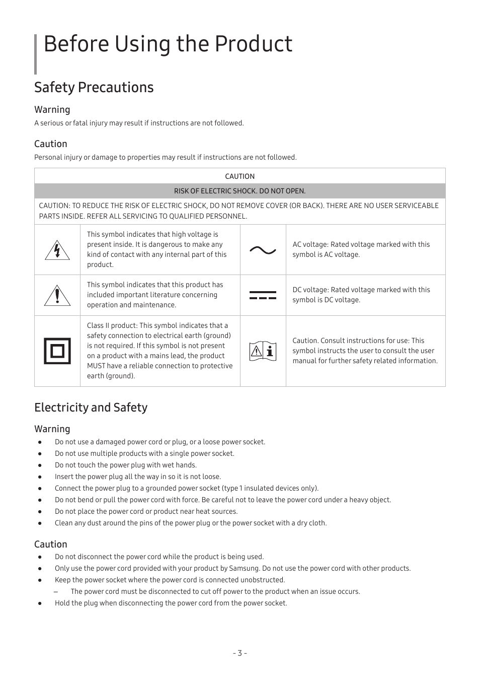 Before using the product, Safety precautions, Electricity and safety | Warning, Caution | Samsung Odyssey OLED G9 49" 1440p HDR 240 Hz Curved Ultrawide Gaming Monitor (Silver) User Manual | Page 3 / 24