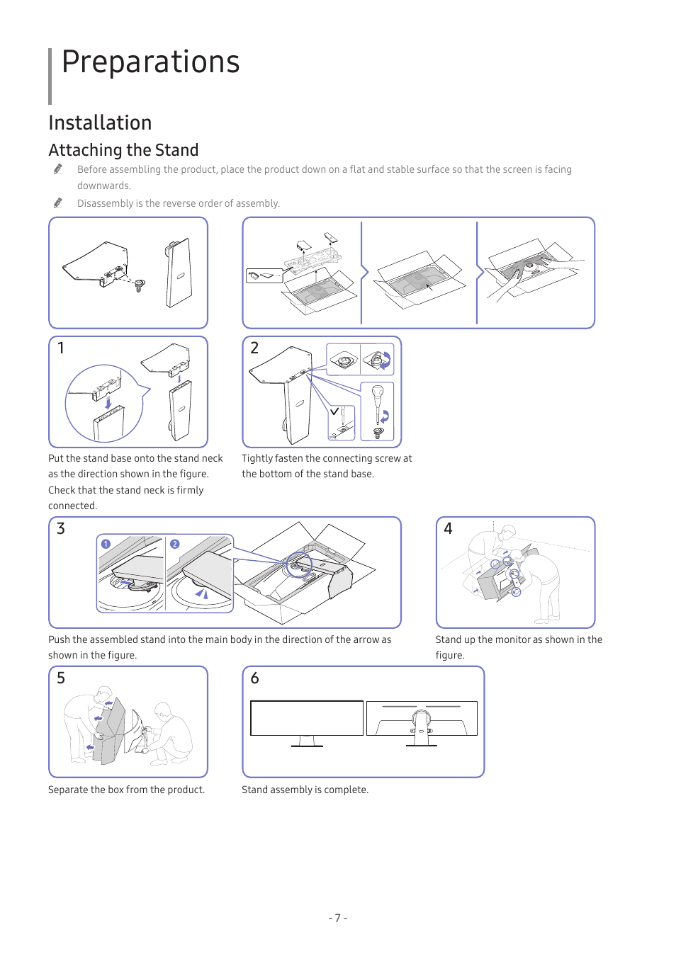 Preparations, Installation, Attaching the stand | Samsung Odyssey OLED G9 49" 1440p HDR 240 Hz Curved Ultrawide Gaming Monitor (Silver) User Manual | Page 7 / 24