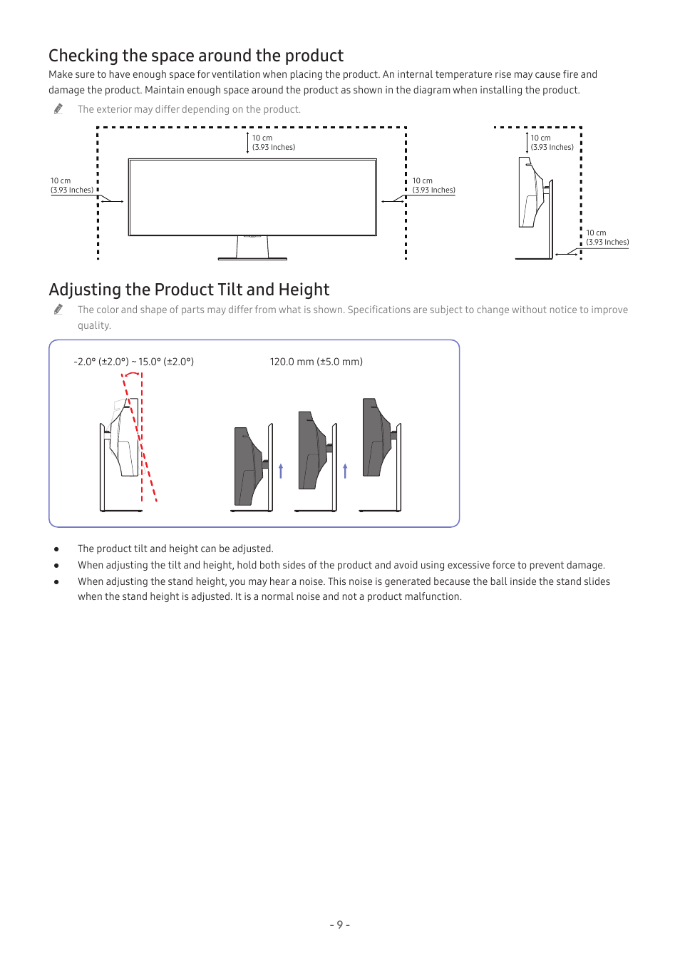 Checking the space around the product, Adjusting the product tilt and height | Samsung Odyssey OLED G9 49" 1440p HDR 240 Hz Curved Ultrawide Gaming Monitor (Silver) User Manual | Page 9 / 24