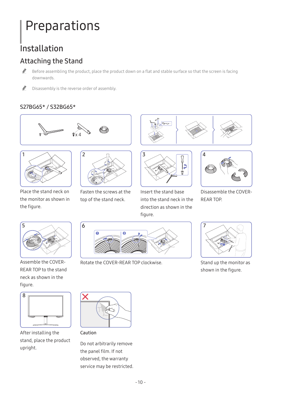 Preparations, Installation, Attaching the stand | 10 attaching the stand | Samsung Odyssey G70B 28" 4K HDR 144 Hz Gaming Monitor User Manual | Page 10 / 49