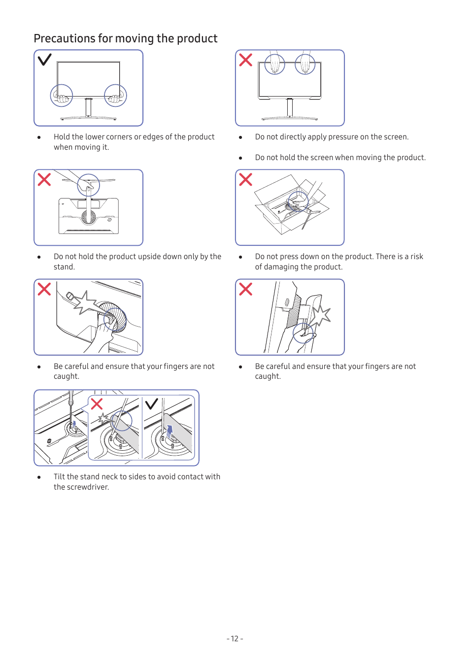 Precautions for moving the product, 12 precautions for moving the product | Samsung Odyssey G70B 28" 4K HDR 144 Hz Gaming Monitor User Manual | Page 12 / 49