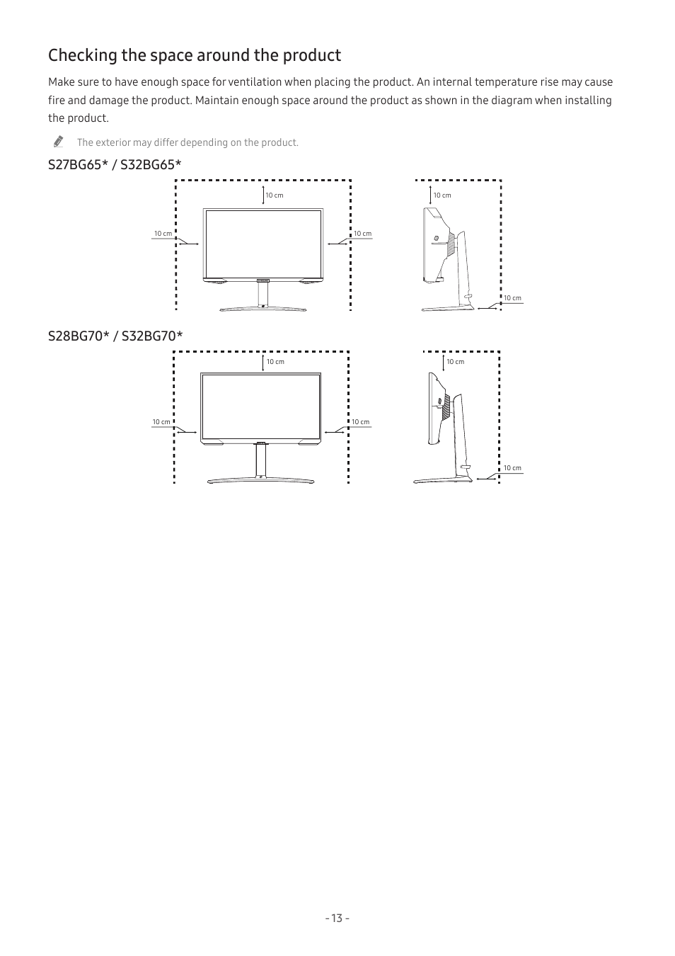 Checking the space around the product, 13 checking the space around the product | Samsung Odyssey G70B 28" 4K HDR 144 Hz Gaming Monitor User Manual | Page 13 / 49