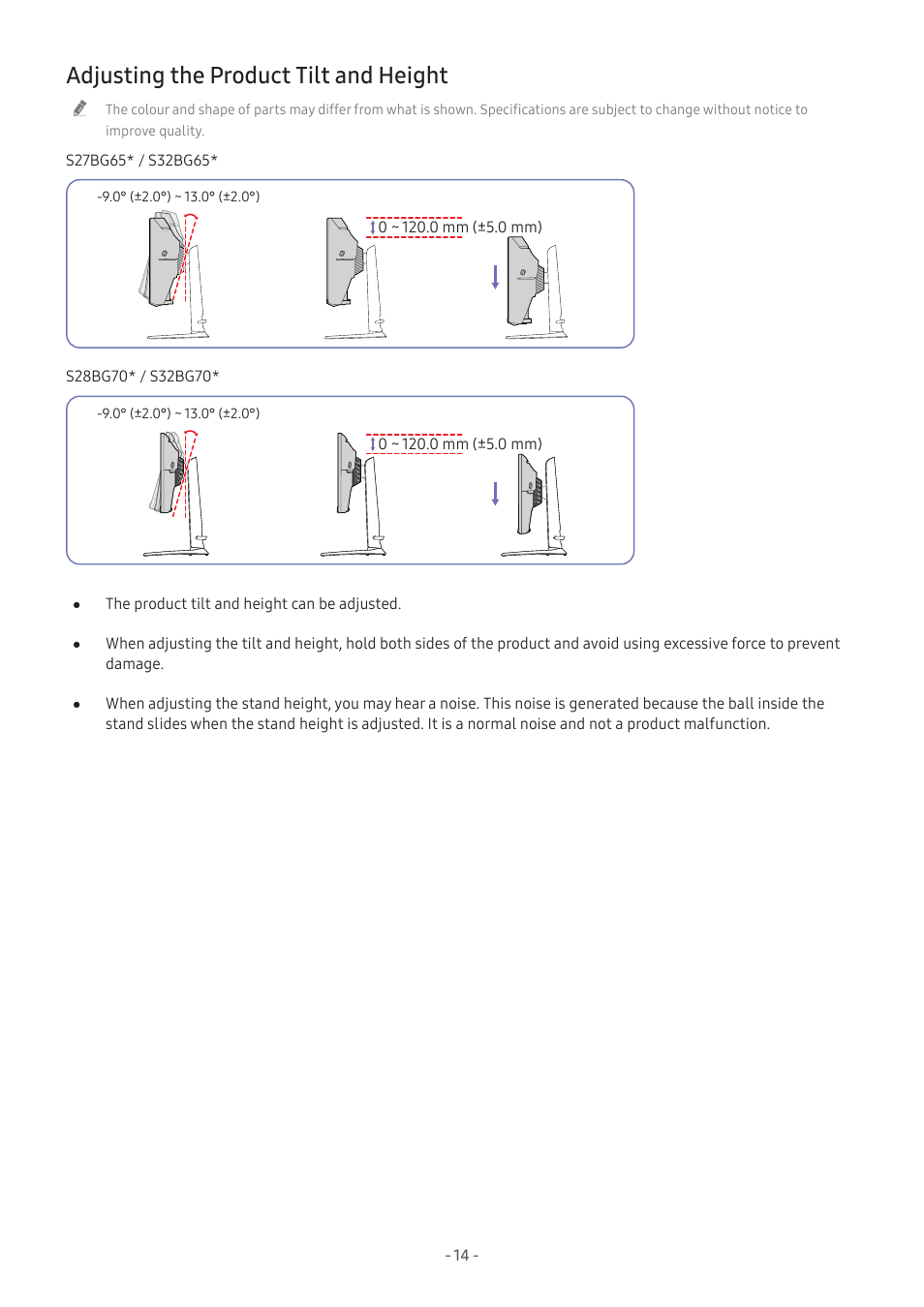 Adjusting the product tilt and height, 14 adjusting the product tilt and height | Samsung Odyssey G70B 28" 4K HDR 144 Hz Gaming Monitor User Manual | Page 14 / 49