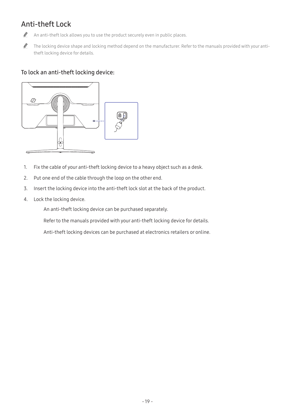 Anti-theft lock, 19 anti-theft lock | Samsung Odyssey G70B 28" 4K HDR 144 Hz Gaming Monitor User Manual | Page 19 / 49