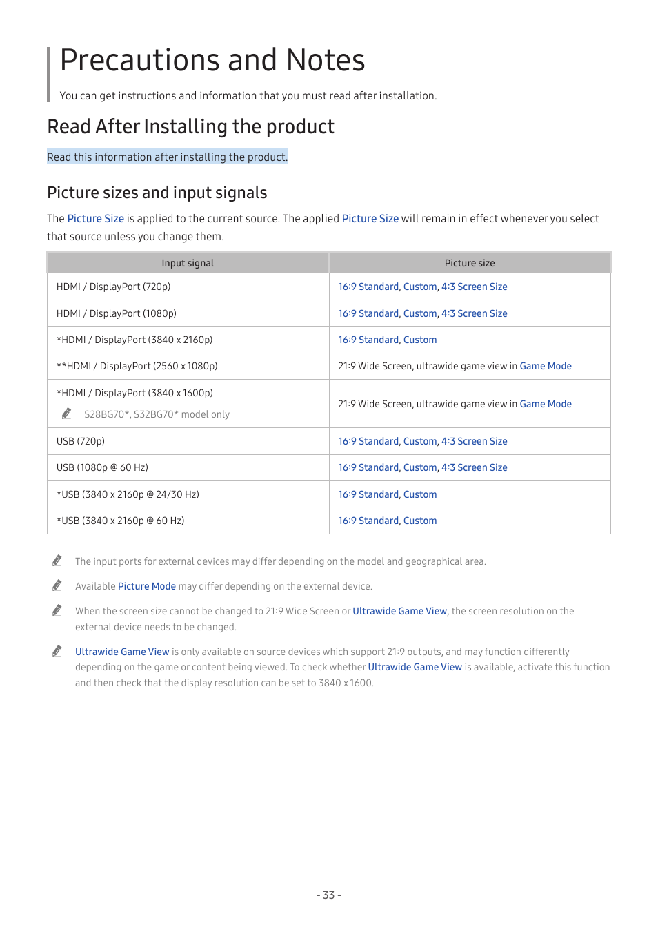 Precautions and notes, Read after installing the product, Picture sizes and input signals | 33 picture sizes and input signals | Samsung Odyssey G70B 28" 4K HDR 144 Hz Gaming Monitor User Manual | Page 33 / 49