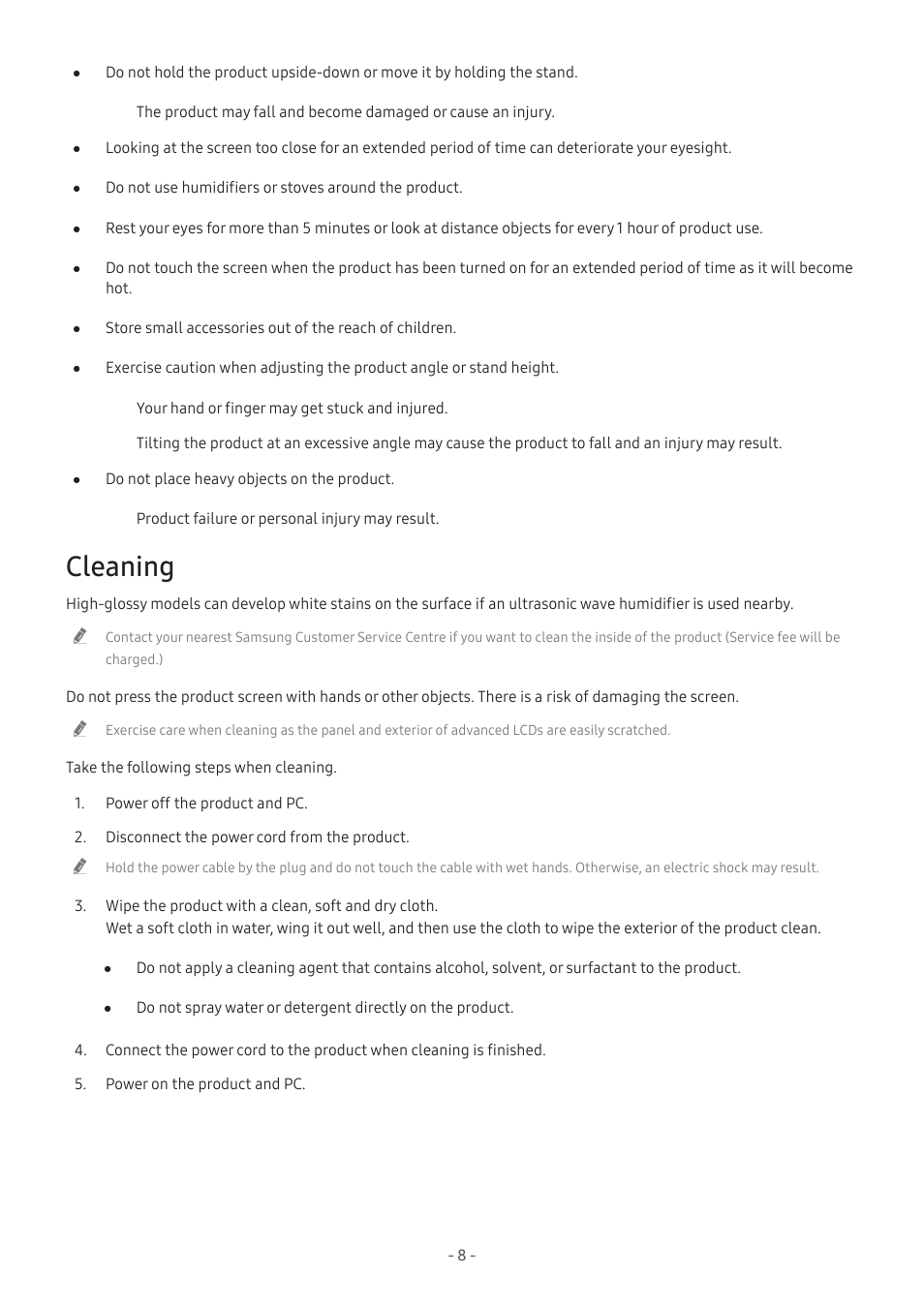 Cleaning | Samsung Odyssey G70B 28" 4K HDR 144 Hz Gaming Monitor User Manual | Page 8 / 49