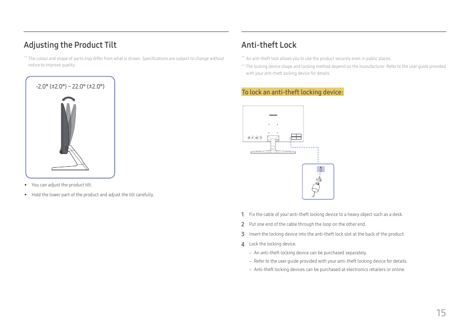 Adjusting the product tilt, Anti-theft lock | Samsung SR35 S27R356FHN 27" 16:9 FreeSync IPS Monitor User Manual | Page 15 / 44