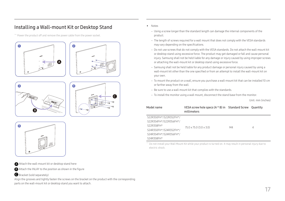 Installing a wall-mount kit or desktop stand | Samsung SR35 S27R356FHN 27" 16:9 FreeSync IPS Monitor User Manual | Page 17 / 44