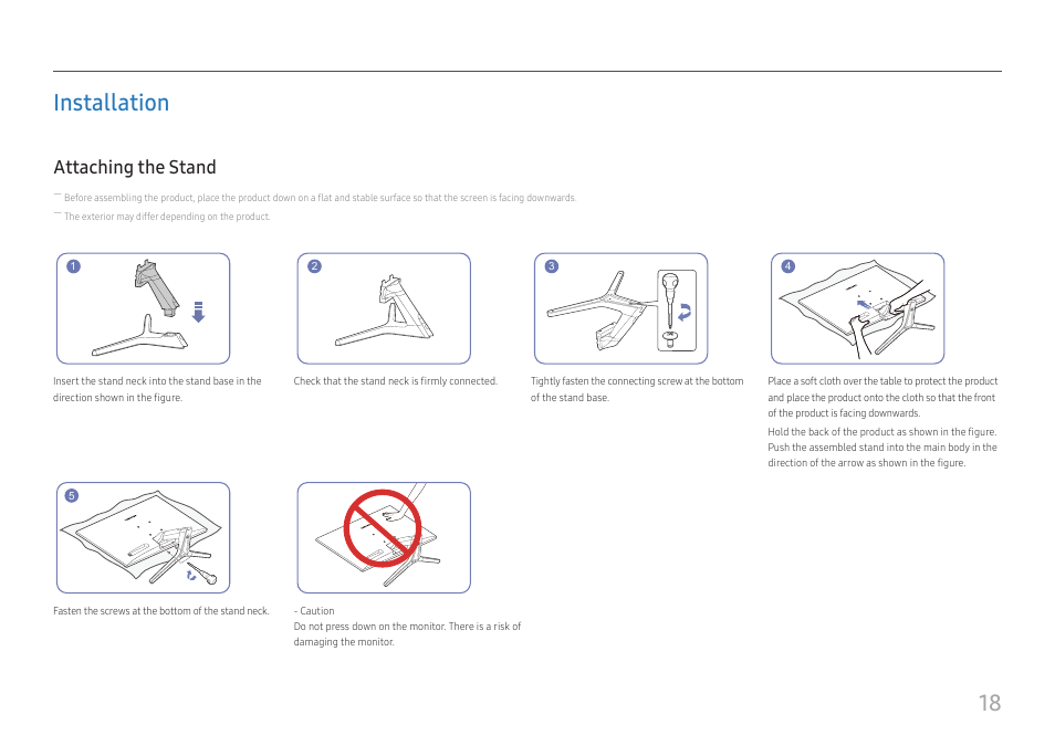 Installation, Attaching the stand, Installation 18 | Samsung SR35 S27R356FHN 27" 16:9 FreeSync IPS Monitor User Manual | Page 18 / 44