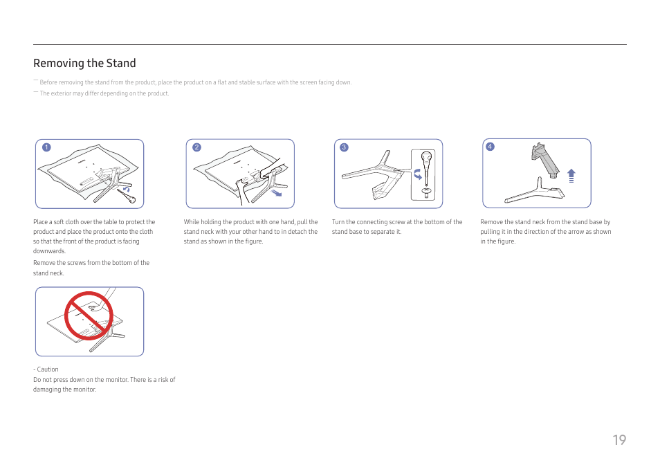 Removing the stand | Samsung SR35 S27R356FHN 27" 16:9 FreeSync IPS Monitor User Manual | Page 19 / 44