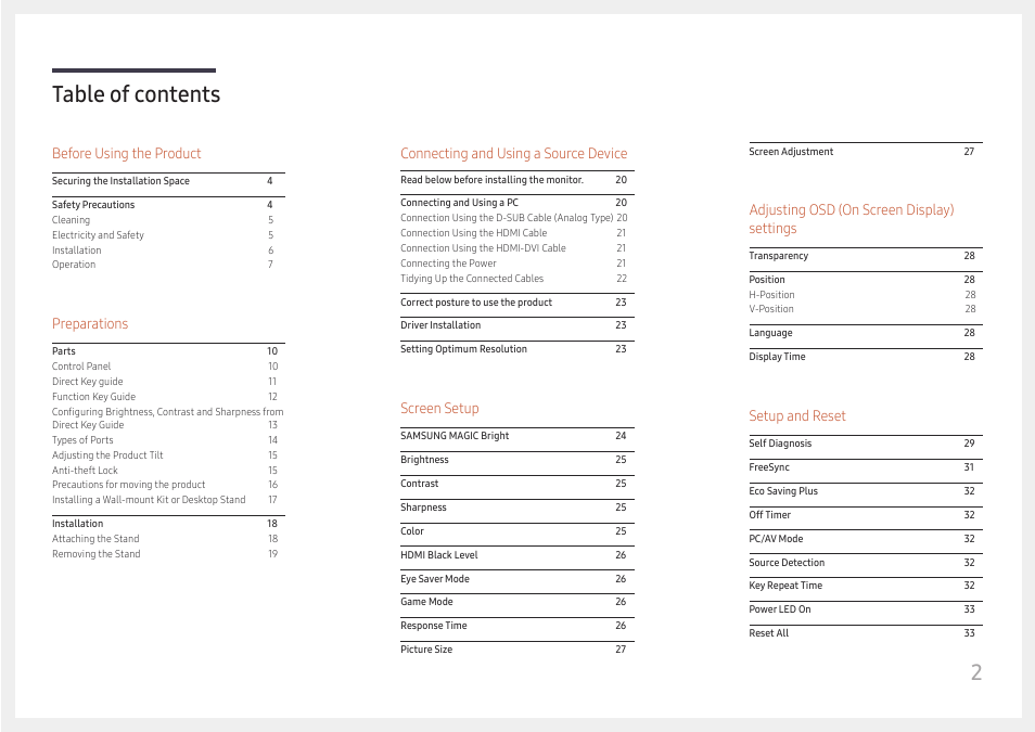 2table of contents, Before using the product, Preparations | Connecting and using a source device, Screen setup, Adjusting osd (on screen display) settings, Setup and reset | Samsung SR35 S27R356FHN 27" 16:9 FreeSync IPS Monitor User Manual | Page 2 / 44
