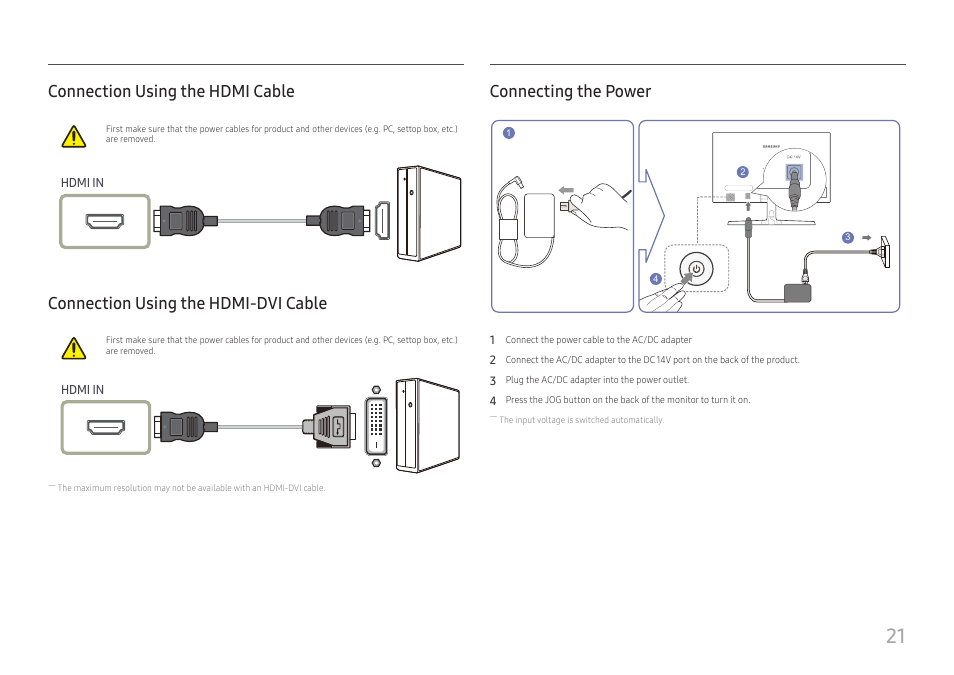 Connection using the hdmi cable, Connection using the hdmi-dvi cable, Connecting the power | Samsung SR35 S27R356FHN 27" 16:9 FreeSync IPS Monitor User Manual | Page 21 / 44