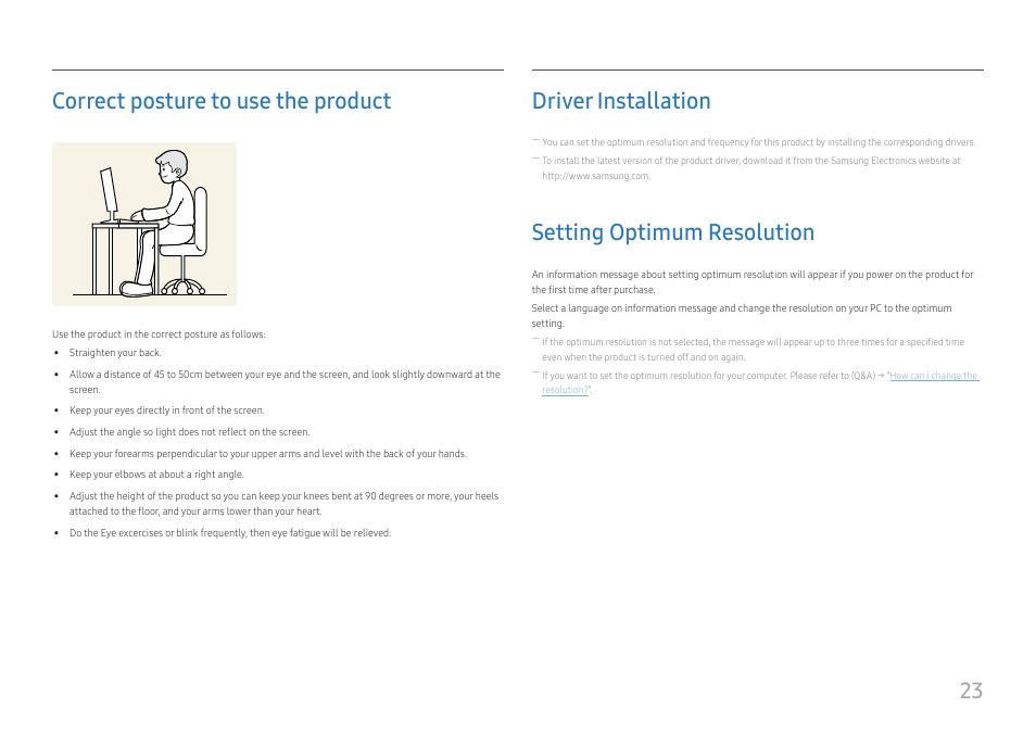 Correct posture to use the product, Driver installation, Setting optimum resolution | 23 correct posture to use the product | Samsung SR35 S27R356FHN 27" 16:9 FreeSync IPS Monitor User Manual | Page 23 / 44