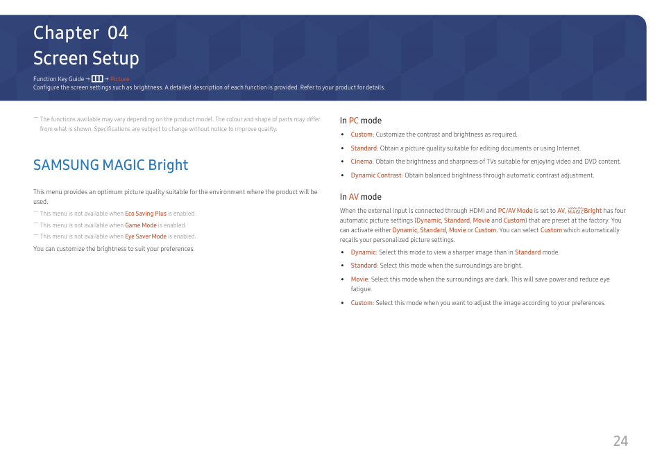 Screen setup, Samsung magic bright, Chapter 04 | Samsung SR35 S27R356FHN 27" 16:9 FreeSync IPS Monitor User Manual | Page 24 / 44