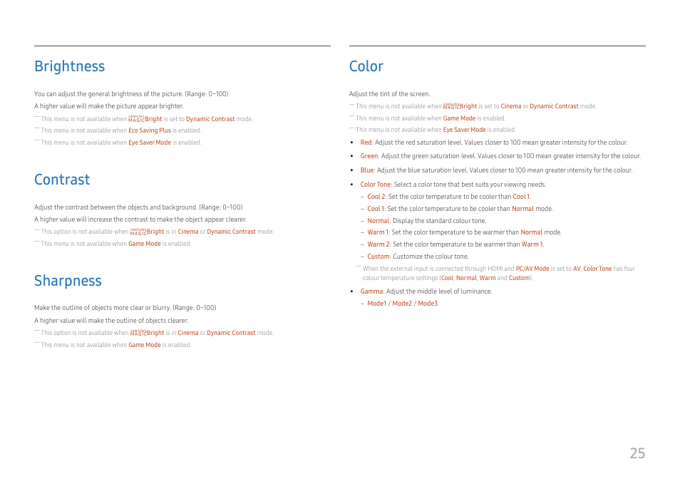 Brightness, Contrast, Sharpness | Color, Brightness 25, Contrast 25, Sharpness 25, Color 25, 25 brightness | Samsung SR35 S27R356FHN 27" 16:9 FreeSync IPS Monitor User Manual | Page 25 / 44
