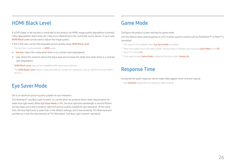 Hdmi black level, Eye saver mode, Game mode | Response time, 26 hdmi black level | Samsung SR35 S27R356FHN 27" 16:9 FreeSync IPS Monitor User Manual | Page 26 / 44
