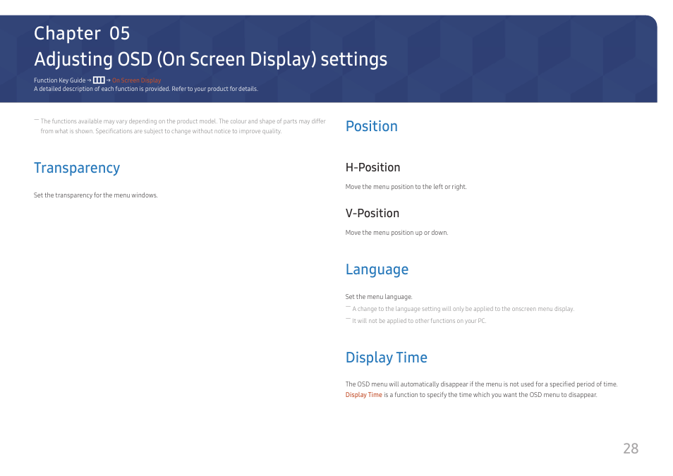 Adjusting osd (on screen display) settings, Transparency, Position | H-position, V-position, Language, Display time, Adjusting osd (on screen display), Settings, Transparency 28 | Samsung SR35 S27R356FHN 27" 16:9 FreeSync IPS Monitor User Manual | Page 28 / 44