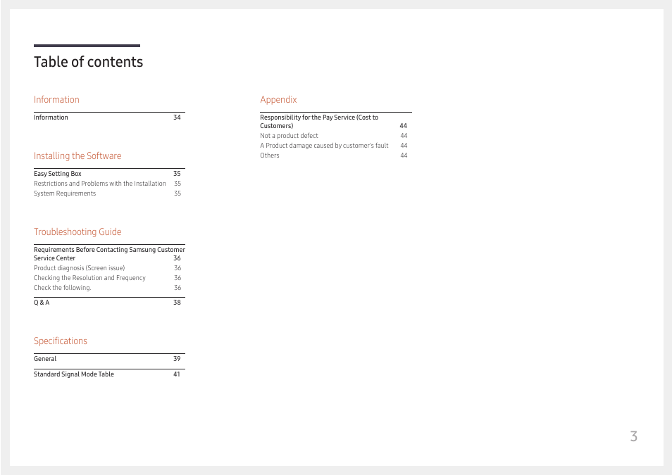 3table of contents, Information, Installing the software | Troubleshooting guide, Specifications, Appendix | Samsung SR35 S27R356FHN 27" 16:9 FreeSync IPS Monitor User Manual | Page 3 / 44