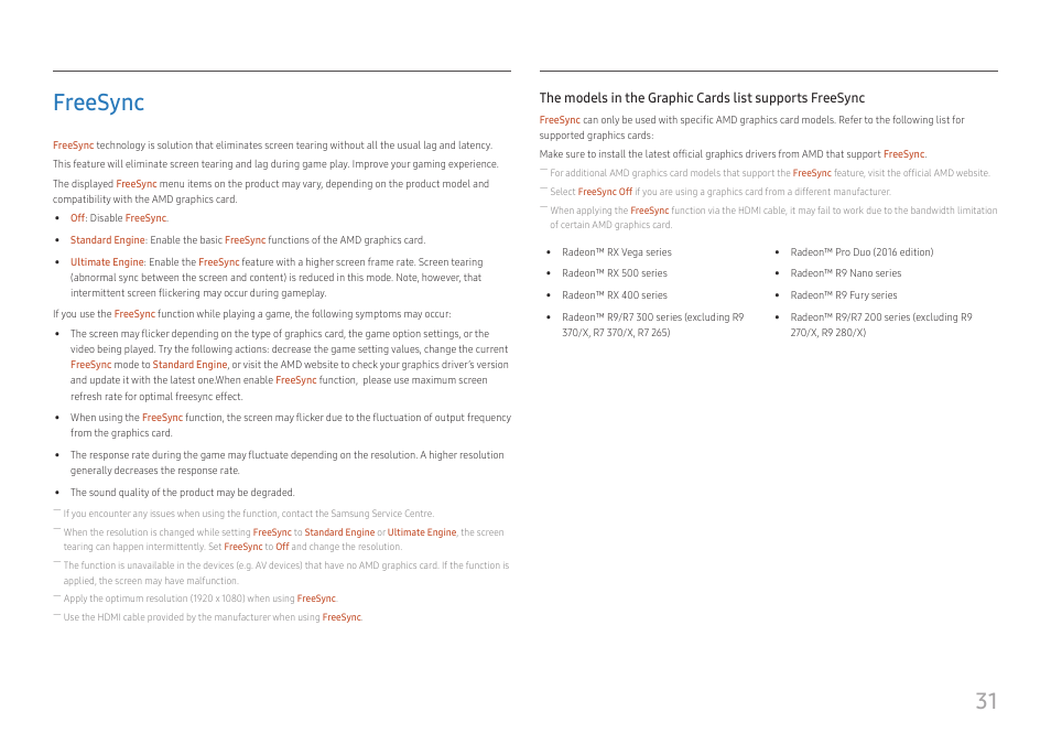 Freesync, Freesync 31, 31 freesync | Samsung SR35 S27R356FHN 27" 16:9 FreeSync IPS Monitor User Manual | Page 31 / 44