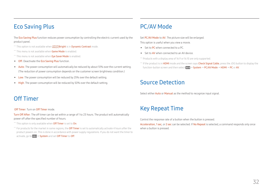 Eco saving plus, Off timer, Pc/av mode | Source detection, Key repeat time, 32 eco saving plus | Samsung SR35 S27R356FHN 27" 16:9 FreeSync IPS Monitor User Manual | Page 32 / 44