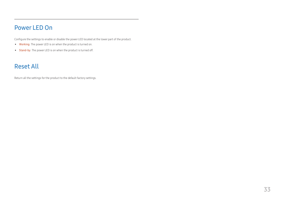 Power led on, Reset all, 33 power led on | Samsung SR35 S27R356FHN 27" 16:9 FreeSync IPS Monitor User Manual | Page 33 / 44