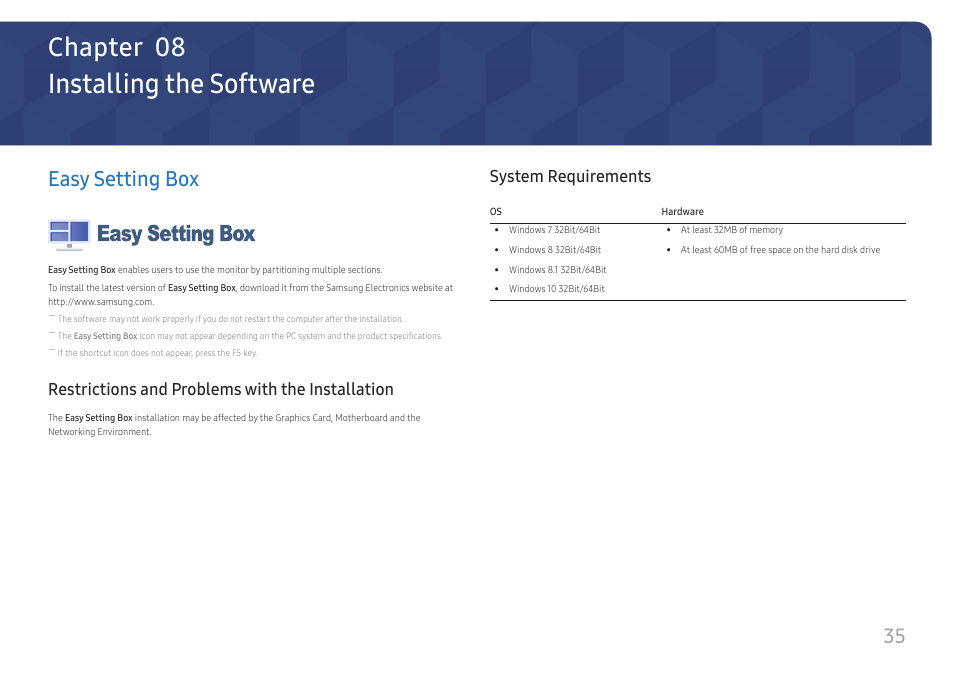 Installing the software, Easy setting box, Restrictions and problems with the installation | System requirements, Chapter 08 | Samsung SR35 S27R356FHN 27" 16:9 FreeSync IPS Monitor User Manual | Page 35 / 44