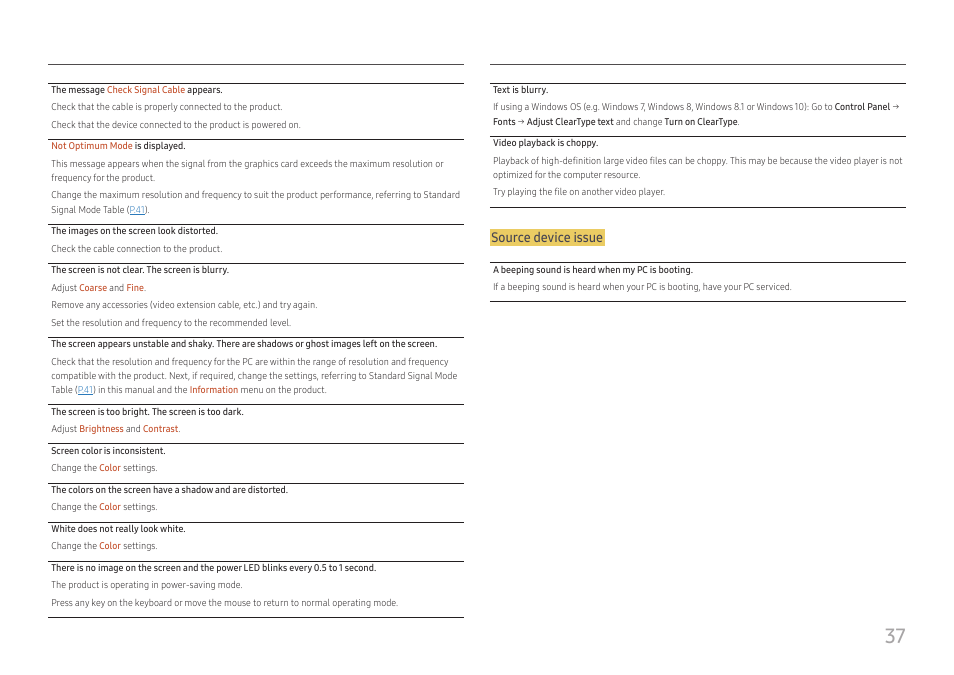 Source device issue | Samsung SR35 S27R356FHN 27" 16:9 FreeSync IPS Monitor User Manual | Page 37 / 44