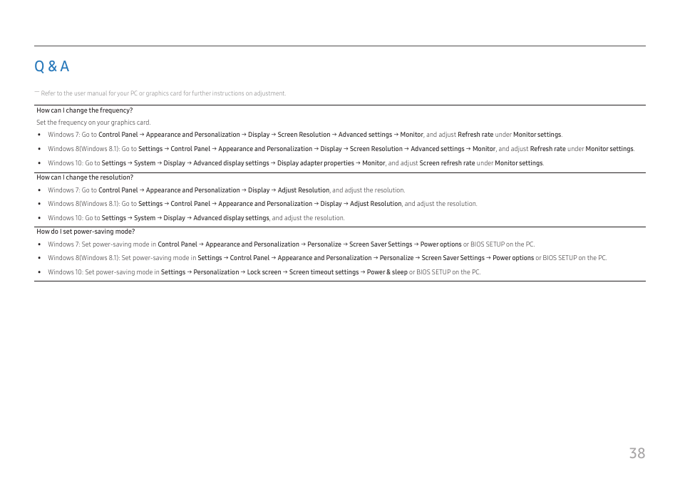 Q & a, 38 q & a | Samsung SR35 S27R356FHN 27" 16:9 FreeSync IPS Monitor User Manual | Page 38 / 44