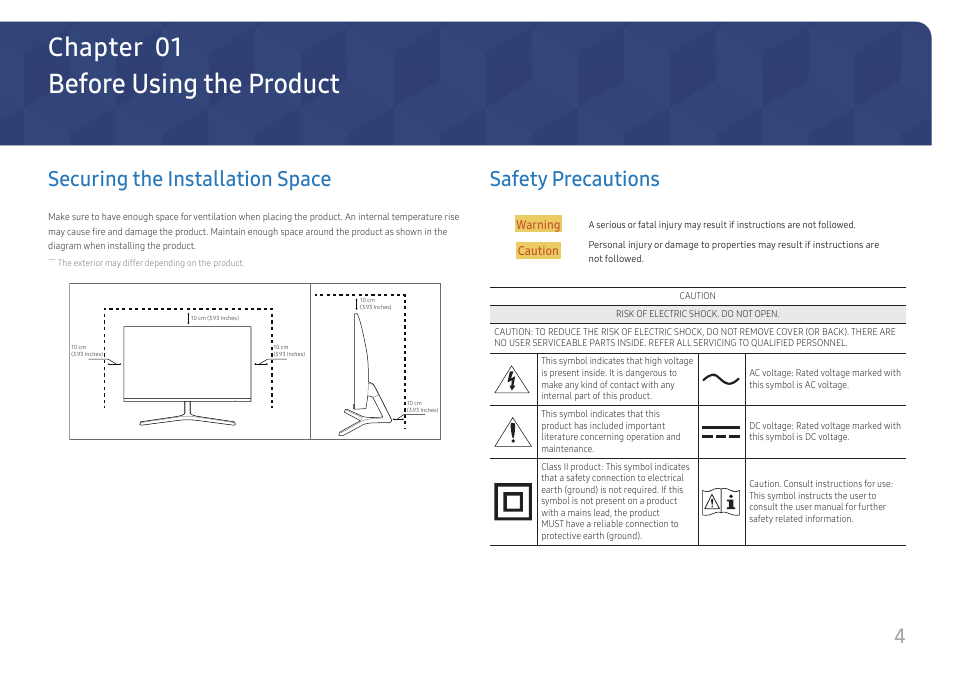 Before using the product, Securing the installation space, Safety precautions | Chapter 01, 4securing the installation space | Samsung SR35 S27R356FHN 27" 16:9 FreeSync IPS Monitor User Manual | Page 4 / 44