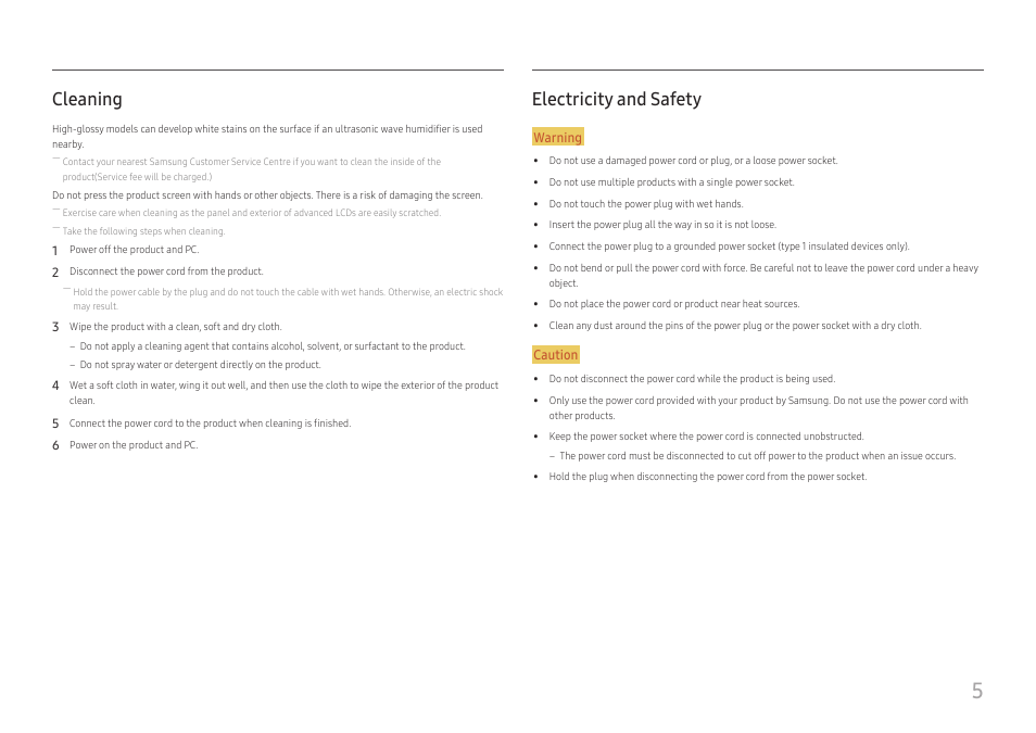 Cleaning, Electricity and safety, Cleaning 5 electricity and safety | Samsung SR35 S27R356FHN 27" 16:9 FreeSync IPS Monitor User Manual | Page 5 / 44